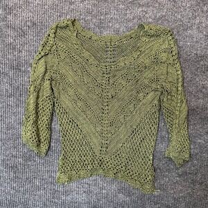 Unbranded Vintage Style Crochet Knit Top Small Olive Green Open Weave Boho